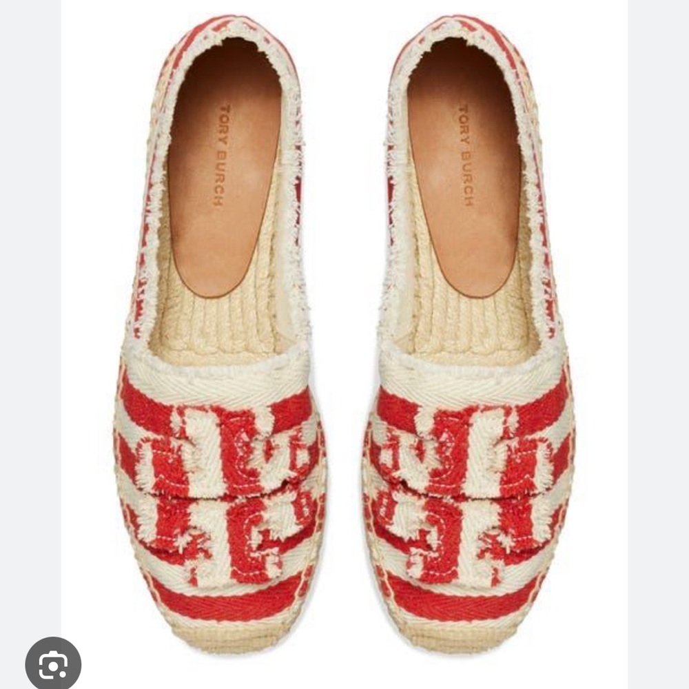 Tory Burch Fray Stripe Espadrille Flat red white flats shoes size 8 NWT NIB - Picture 2 of 2